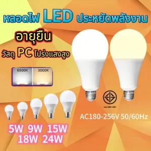 รีวิว หลอดไฟ LED bulb ขนาด 5w 9w 12w 15w 18w 24w แสงขาว แสงสีขาว6500k/แสงอบอุ่น3000k