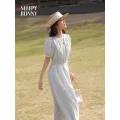 SLEEFY BUNNY ชุดผู้หญิงแขนสั้นสไตล์ฝรั่งเศส ดีไซน์ V คอ midi กระโปรงยาว มินิมอล 